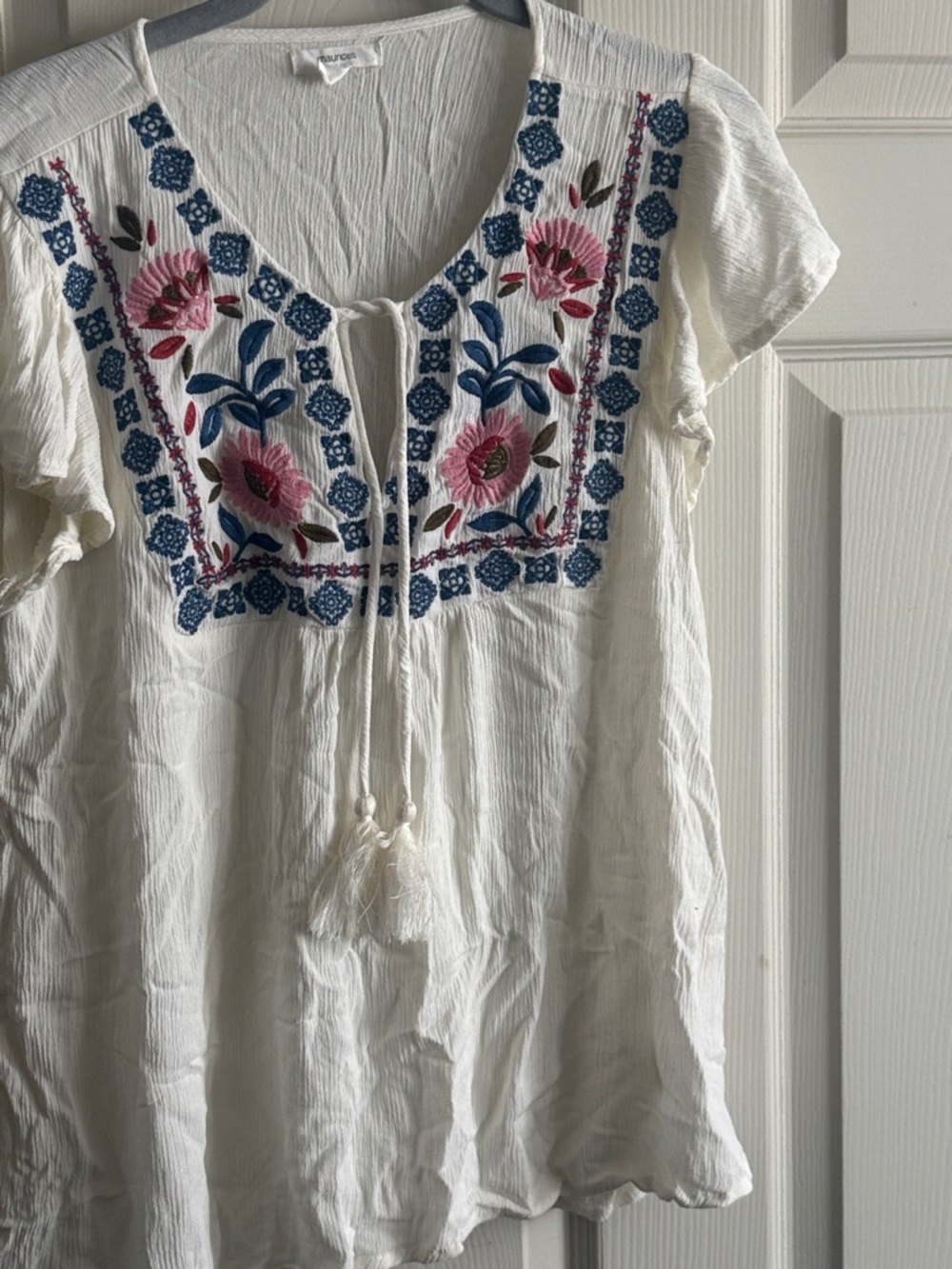Maurices White Peasant Top with Pink and Blue Floral Embroidery